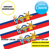 Pokémon, plantilla editable, descarga digital instantánea editable de Canva, bolsa de patatas fritas, adorno, etiqueta
