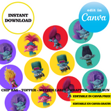 Kit editable para fiesta de Trolls: plantillas de Canva (bolsas de papas fritas, etiquetas y más)