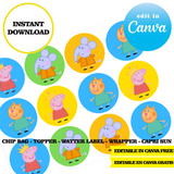 Editable Peppa Pig Party Kit – Canva Templates (Chip Bags, Labels & More)