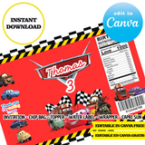Coches, plantilla editable, descarga digital instantánea editable de Canva, bolsa de patatas fritas, adorno, etiqueta