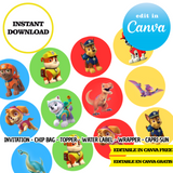 Patrulla Canina, plantilla editable, descarga digital instantánea editable de Canva, bolsa de papas fritas, adorno, etiqueta