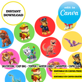 Patrulla Canina, plantilla editable, descarga digital instantánea editable de Canva, bolsa de papas fritas, adorno, etiqueta