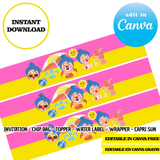 Fiesta en la piscina Plim Plim, Plantillas de Canva, Invitación, Bolsas de Papas Fritas, Etiquetas, Capri Sun, Adornos (Copia)