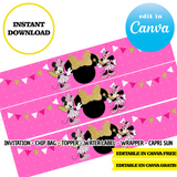 Kit de fiesta de Minnie Mouse Kitty – Plantillas de Canva (bolsas para papas fritas, etiquetas y más)