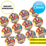 Circo digital Pomni: plantillas de Canva (bolsas para papas fritas, etiquetas y más)