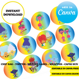 Kit editable para fiesta de Trolls: plantillas de Canva (bolsas de papas fritas, etiquetas y más)