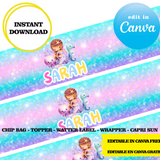 Editable Mermaid tail Party Kit – Canva Templates (Chip Bags, Labels & More)