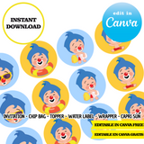 Fiesta en la piscina Plim Plim, Plantillas de Canva, Invitación, Bolsas de papas fritas, Etiquetas, Capri Sun, Adornos