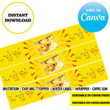 Pokemon, Pikachu cards, Canva Templates, Invitation, Chip Bags, Labels, Capri sun, Toppers