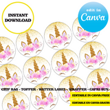 Editable Unicorn glitter Party Kit – Canva Templates (Chip Bags, Labels & More)