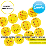 Pokemon, Pikachu cards, Canva Templates, Invitation, Chip Bags, Labels, Capri sun, Toppers