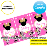 Kit de fiesta de Minnie Mouse Kitty – Plantillas de Canva (bolsas para papas fritas, etiquetas y más)