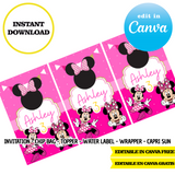 Kit de fiesta de Minnie Mouse Kitty – Plantillas de Canva (bolsas para papas fritas, etiquetas y más)