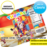 Circo digital Pomni: plantillas de Canva (bolsas para papas fritas, etiquetas y más)