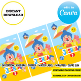 Fiesta en la piscina Plim Plim, Plantillas de Canva, Invitación, Bolsas de papas fritas, Etiquetas, Capri Sun, Adornos