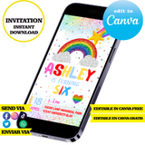 Plantilla editable de arcoíris, descarga digital instantánea editable en Canva, invitación en PDF