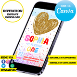 Plantilla editable de corazón brillante, descarga digital instantánea editable en Canva, invitación en PDF