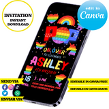 Plantilla editable Pop It, descarga digital instantánea editable en Canva, invitación en PDF