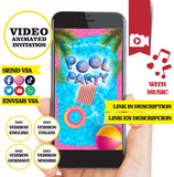 Fiesta en la piscina, invitación en video, purpurina rosa, logotipo y datos personalizados, fiesta en la piscina