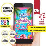 Fiesta en la piscina, invitación en video, purpurina rosa, logotipo y datos personalizados, fiesta en la piscina