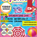 Fiesta en la piscina, invitación en video, purpurina rosa, logotipo y datos personalizados, fiesta en la piscina