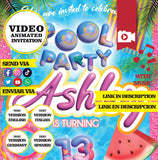 Fiesta en la piscina, invitación en video, purpurina rosa, logotipo y datos personalizados, fiesta en la piscina