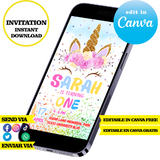 Plantilla editable de unicornio, descarga digital instantánea editable en Canva, invitación en PDF