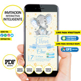 Bebé elefante, invitación inteligente, invitación interactiva, elefante niño, PDF