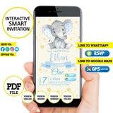 Bebé elefante, invitación inteligente, invitación interactiva, elefante niño, PDF