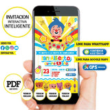 Payaso plim plim, invitación inteligente, invitación interactiva, plim plim link GPS, link whattsapp, PDF