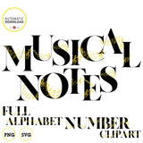 Clipart imprimible del alfabeto inspirado en notas musicales
