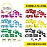 Bloques de construcción clipart 3d, 180 piezas de bloques svg, pdf, eps, ai editable. 6 colores editables. descarga inmediata