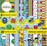 Bob el tren, 20 papeles digitales, 9 círculos toppers imprimibles, JPG 300 dpi, DESCARGA INMEDIATA