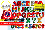 Alfabeto imprimible inspirado en superhéroes de MARVEL (letras PNG)