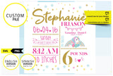 Anuncio de nacimiento de bebé, unicornio, datos PERSONALIZADOS, glitter dorado, rosa, archivo digital - SVG, PNG