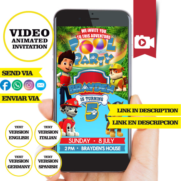 Paw patrol, pool party, Animated video Invitation