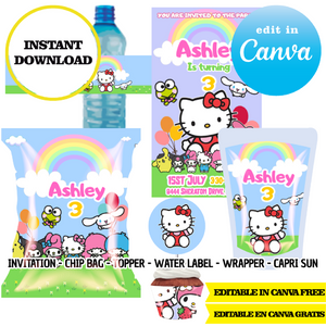 Kit editable para fiesta de Hello Kitty: plantillas de Canva (bolsas para papas fritas, etiquetas y más)