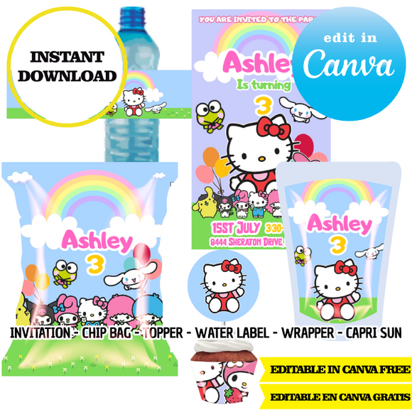 Hello Kitty, editable template, Canva editable instant digital download, chip bag, topper, label
