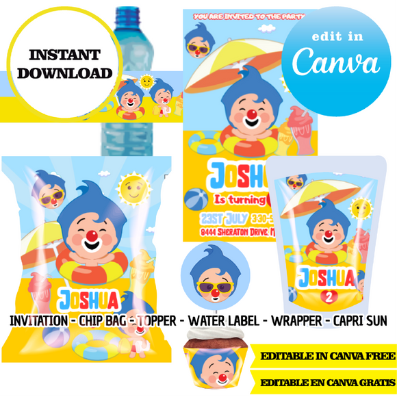 Plim plim pool party, Canva Templates, Invitation, Chip Bags, Labels, Capri sun, Toppers