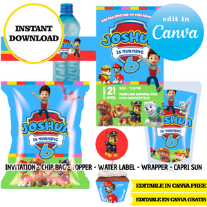 Paw patrol, editable template, Canva editable instant digital download, chip bag, topper, label