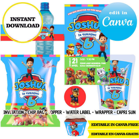 Paw patrol, editable template, Canva editable instant digital download, chip bag, topper, label