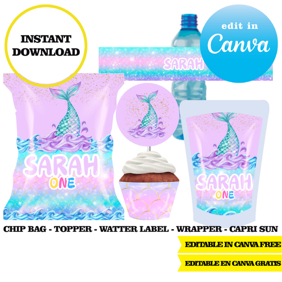 Mermaid tail, editable template, Canva editable instant digital download, chip bag, topper, label, capri sun