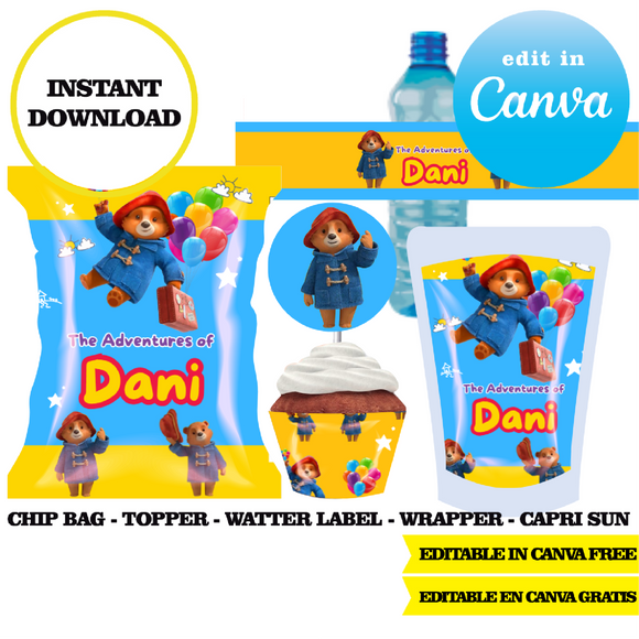 Paddington bear, editable template, Canva editable instant digital download, chip bag, topper, label