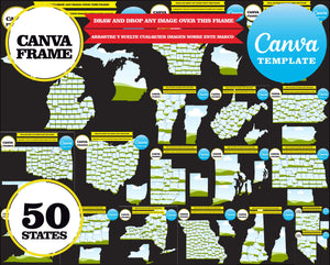 US 50 states maps, element frame, 50 states with cities, drag and drop, CANVA