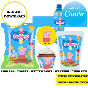 Peppa pig, editable template, Canva editable instant digital download, chip bag, topper, label