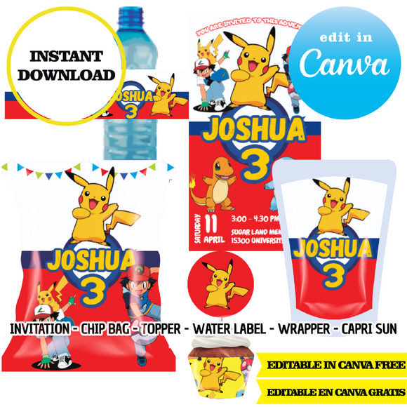 Pokemon, editable template, Canva editable instant digital download, chip bag, topper, label