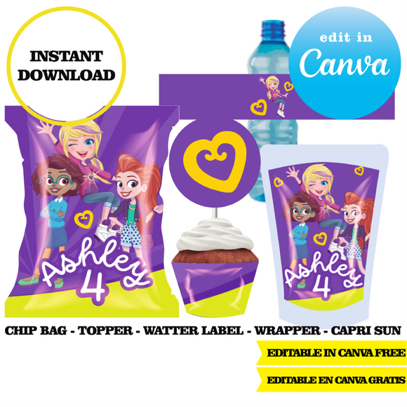 Polly Pocket, editable template, Canva editable instant digital download, chip bag, topper, label