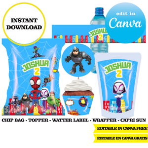 Spidey and His Amazing Friends, editable template, Canva editable instant digital download, chip bag, topper, label, capri sun