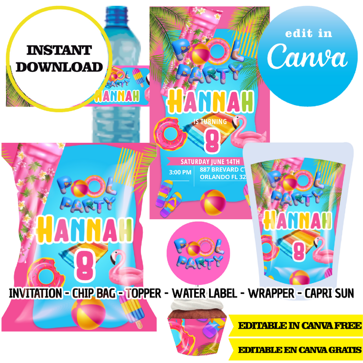 Editable Pool party Canva Templates – DIY Party Printables Kit – Phigraphic