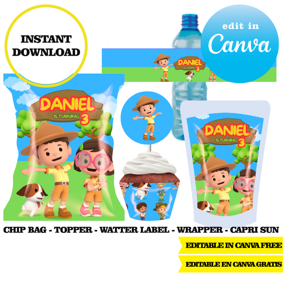 Leo the Wildlife Ranger, editable template, Canva editable instant digital download, chip bag, topper, label, capri sun